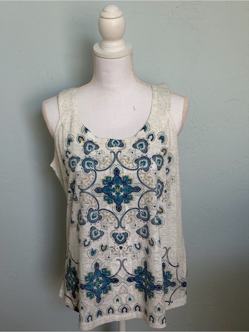 Aeropostale Cream Tank Top with Blue and Teal Medallion Print